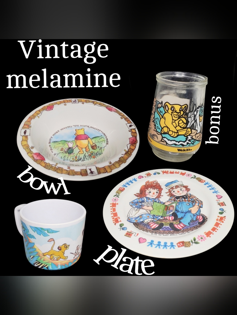 Vintage Melamine Mixed Dinnerware Set Lion King,winnie Pooh & Raggedy Ann